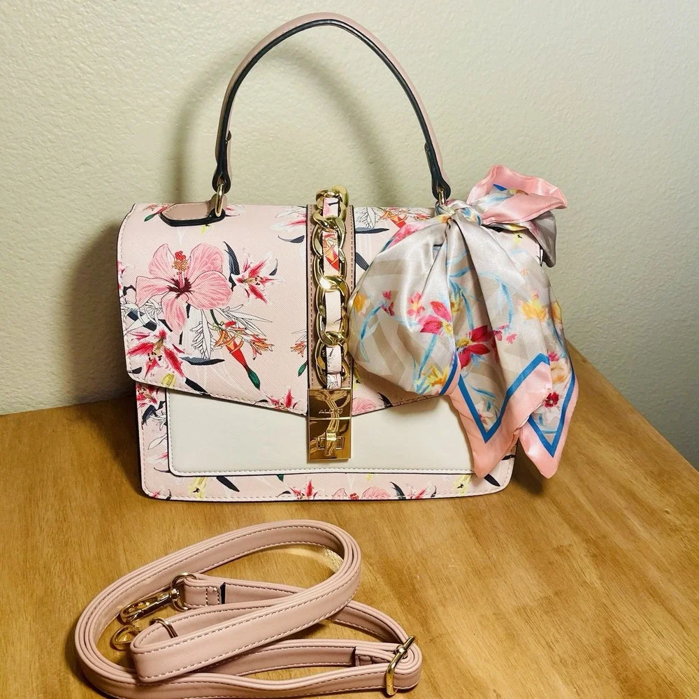 ALDO Cailla Floral Top Handle Bag Purse Pink Crossbody Bow Scarf Accent Vacation